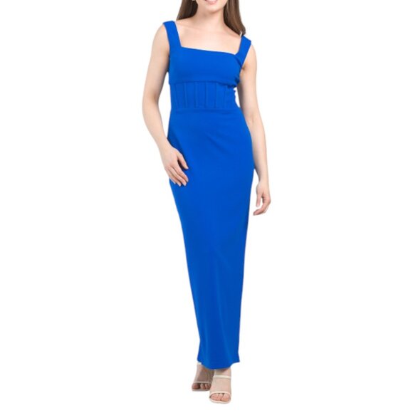 BETSY & ADAM Cobalt Sleeveless Square Neck Crepe Gown - Picture 1 of 2